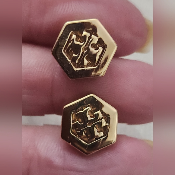 Tory Burch Gold Hexagon Logo Earrings - Picture 2 of 3
